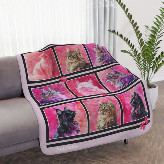 Cute Cat Blanket, Nine Cats on PINK Blanket, Coquette Aesthetic, Boho Chic Room Decor - FlooredByArt