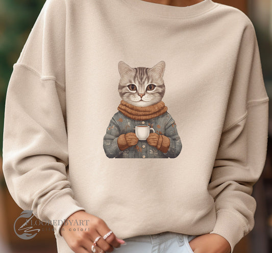 Cute Cat Sweatshirt, Artistic Illustration of a Cat in a Sweater, Beautiful Astethic Cat Drawing - FlooredByArt