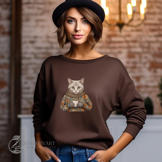 Cute Cat Sweatshirt in Sweaters Sweatshirt, Whimsical Artistic Illustration - FlooredByArt
