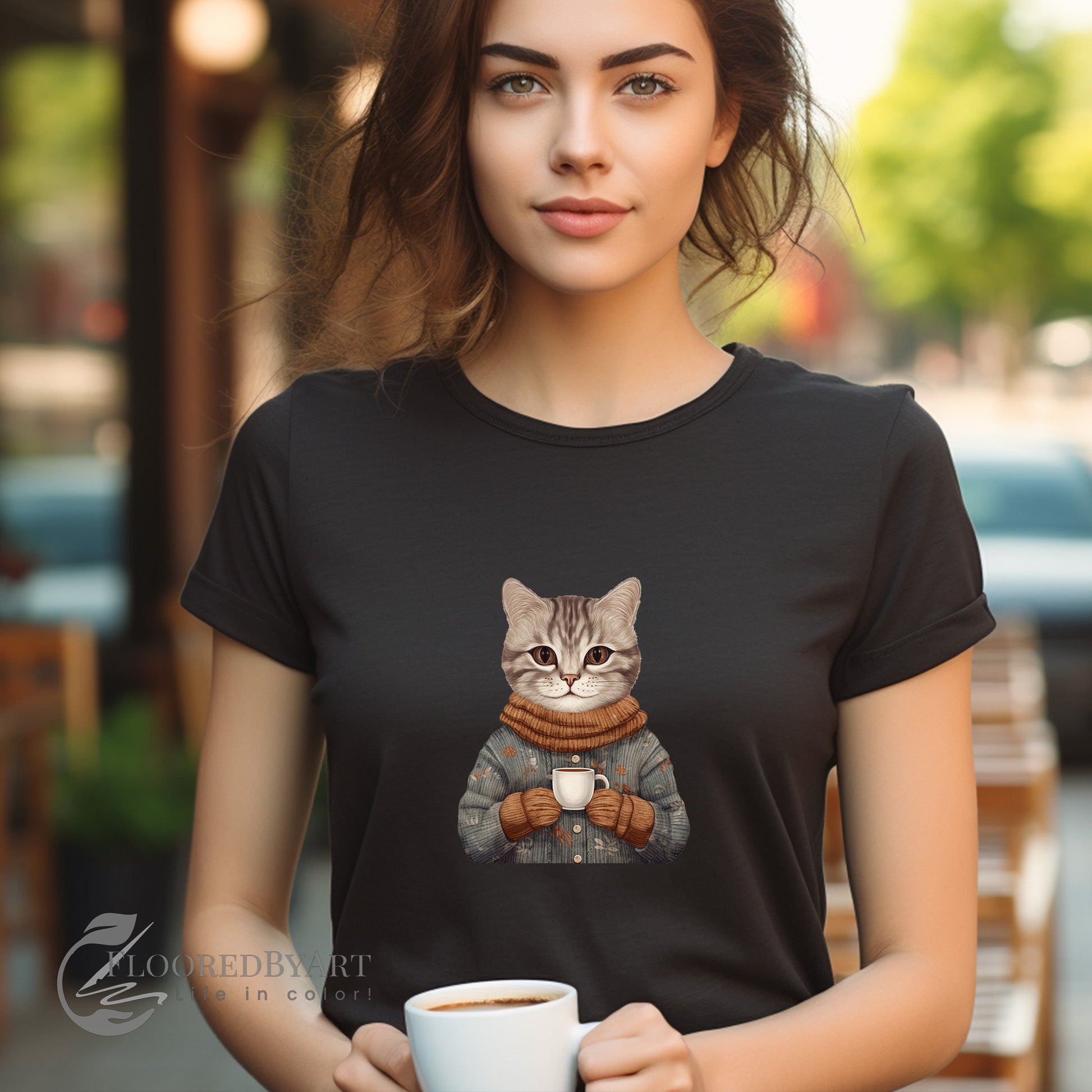 Cute Cat T-Shirt, Artistic Illustration of a Cat in a T-Shirt, Beautiful Astethic Cat Drawing - FlooredByArt