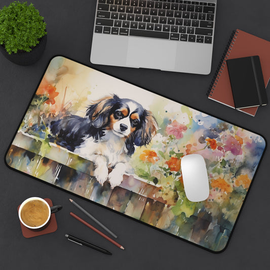 Cute Cavalier King Charles Spaniel Dog Mouse Pad, In the Garden Desk Mat - FlooredByArt