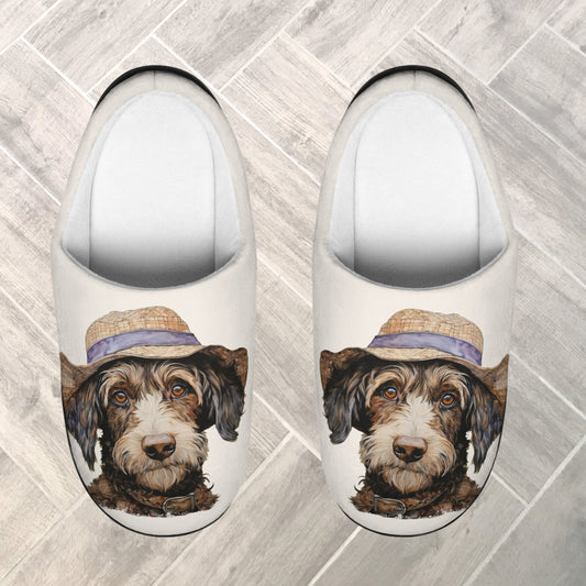 Cute Dog Slippers, Whimsical Dog with Hat Slippers, Comfy Indoor Slippers - FlooredByArt