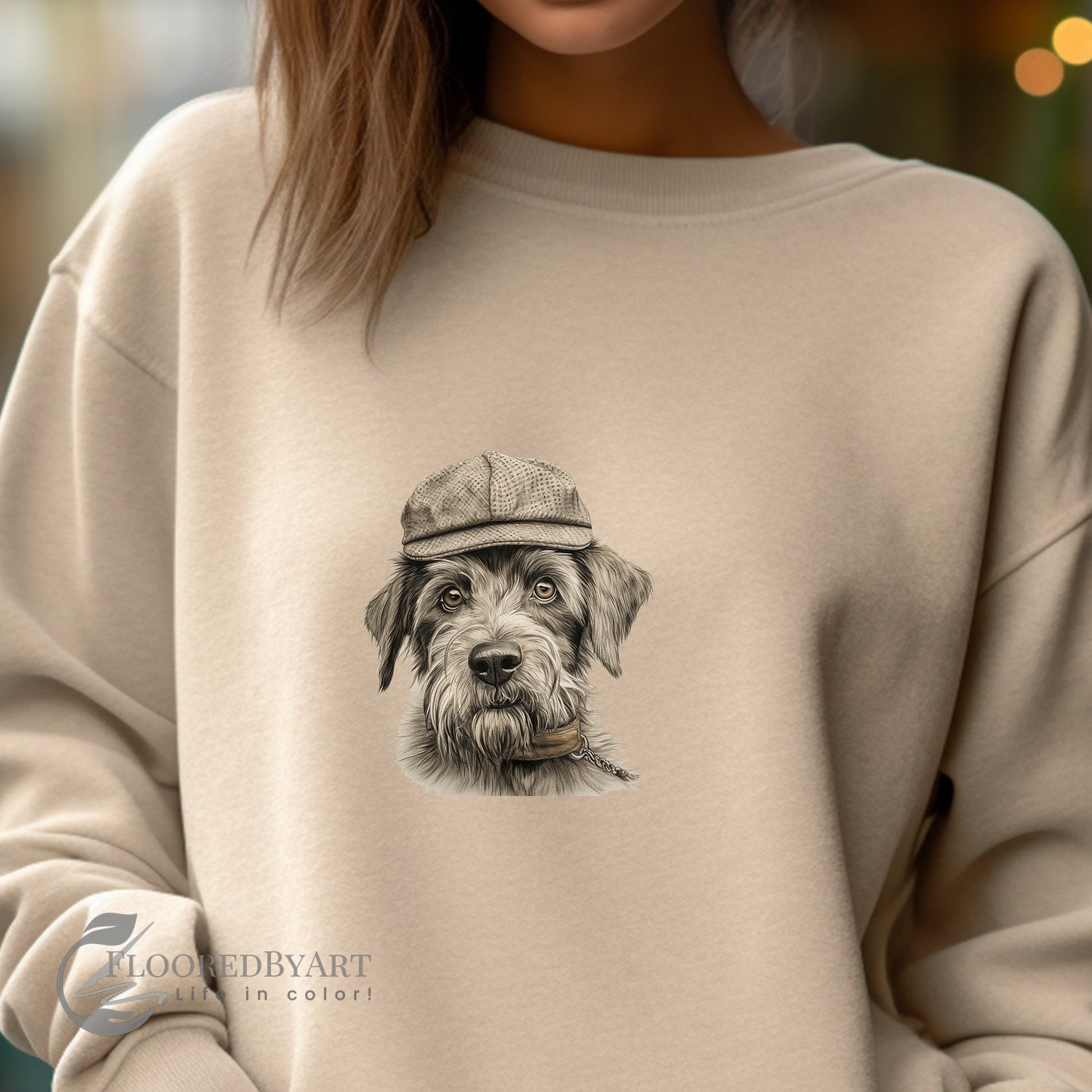 Cute Dog Sweatshirt, Dog in Hat Sweaters Sweatshirt, Vintage Artistic Dog Drawing, Beautiful Astethic Dog Illustration - FlooredByArt