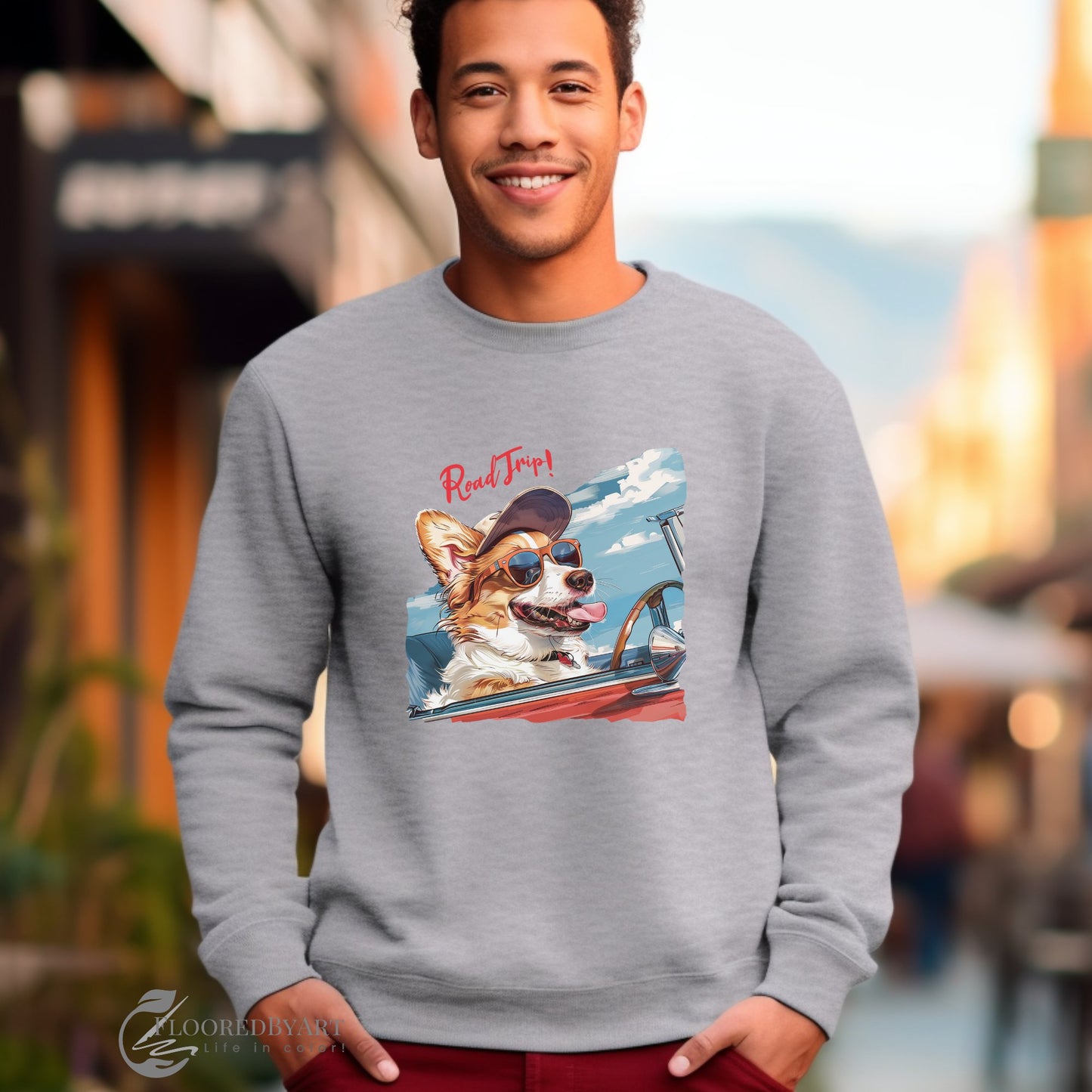 Cute Dog Sweatshirt, Road Trip Shirt, Original Dog Art Mom Dad Shirt, Cool Dog Shirts - FlooredByArt