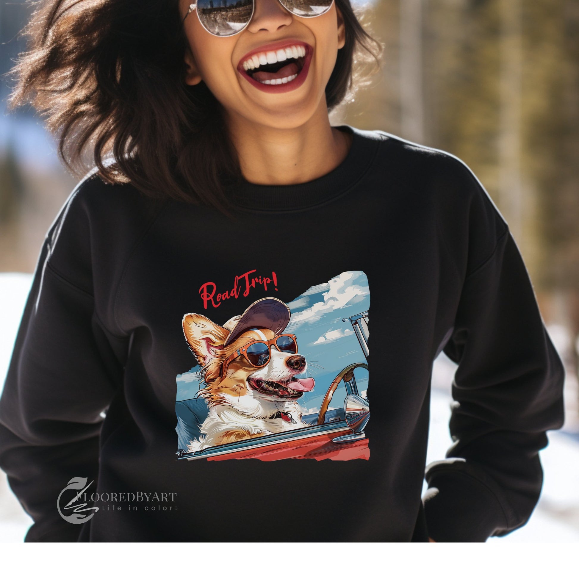 Cute Dog Sweatshirt, Road Trip Shirt, Original Dog Art Mom Dad Shirt, Cool Dog Shirts - FlooredByArt