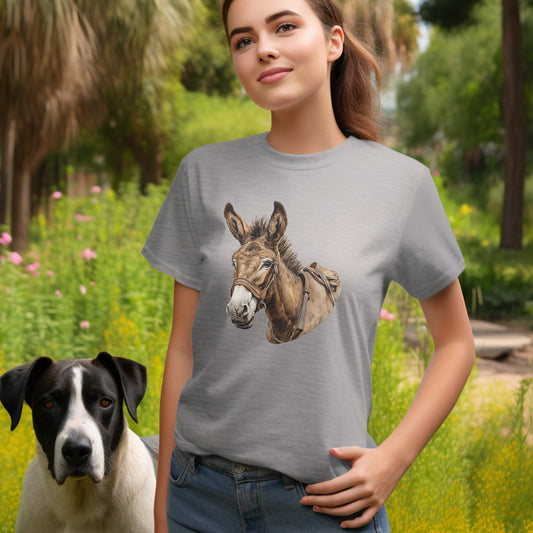 Cute Donkey T-Shirt #2, Brown Ink Painting of Donkey on Unisex T-Shirtt - FlooredByArt