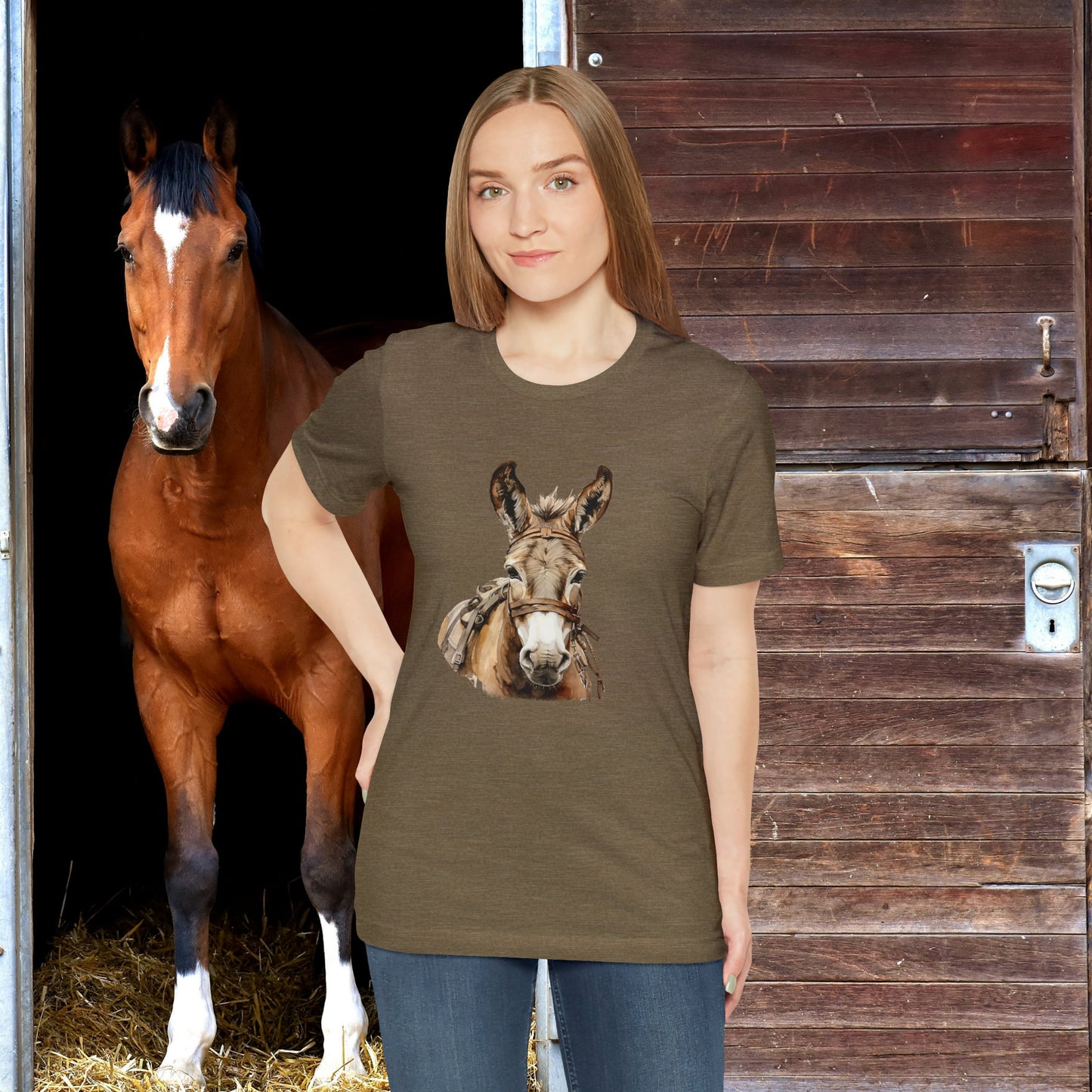 Cute Donkey T-Shirt, Brown Ink Painting on Unisex T-Shirt, Unisex Donkey Tee - FlooredByArt