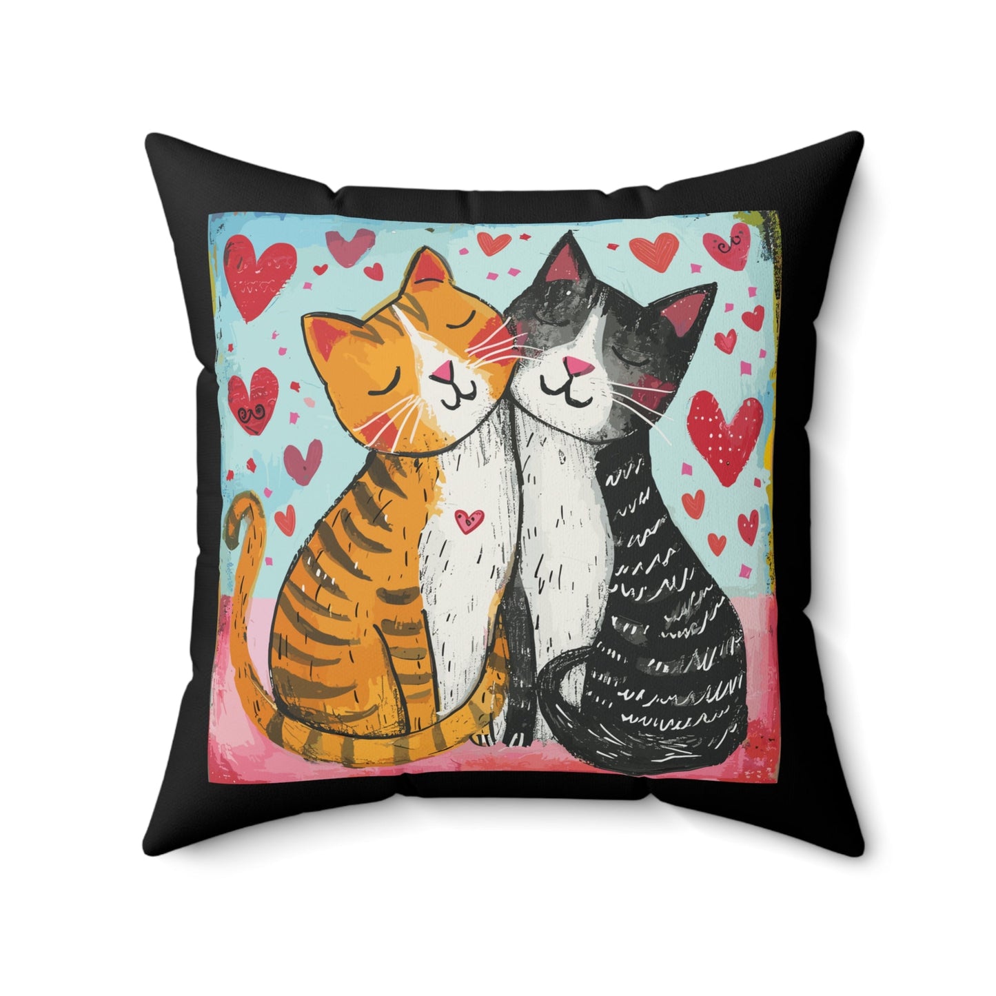 Cute Fun Black Cat Pillow - Hearts Black Cat, Tabby Cats Accent Pillows - FlooredByArt