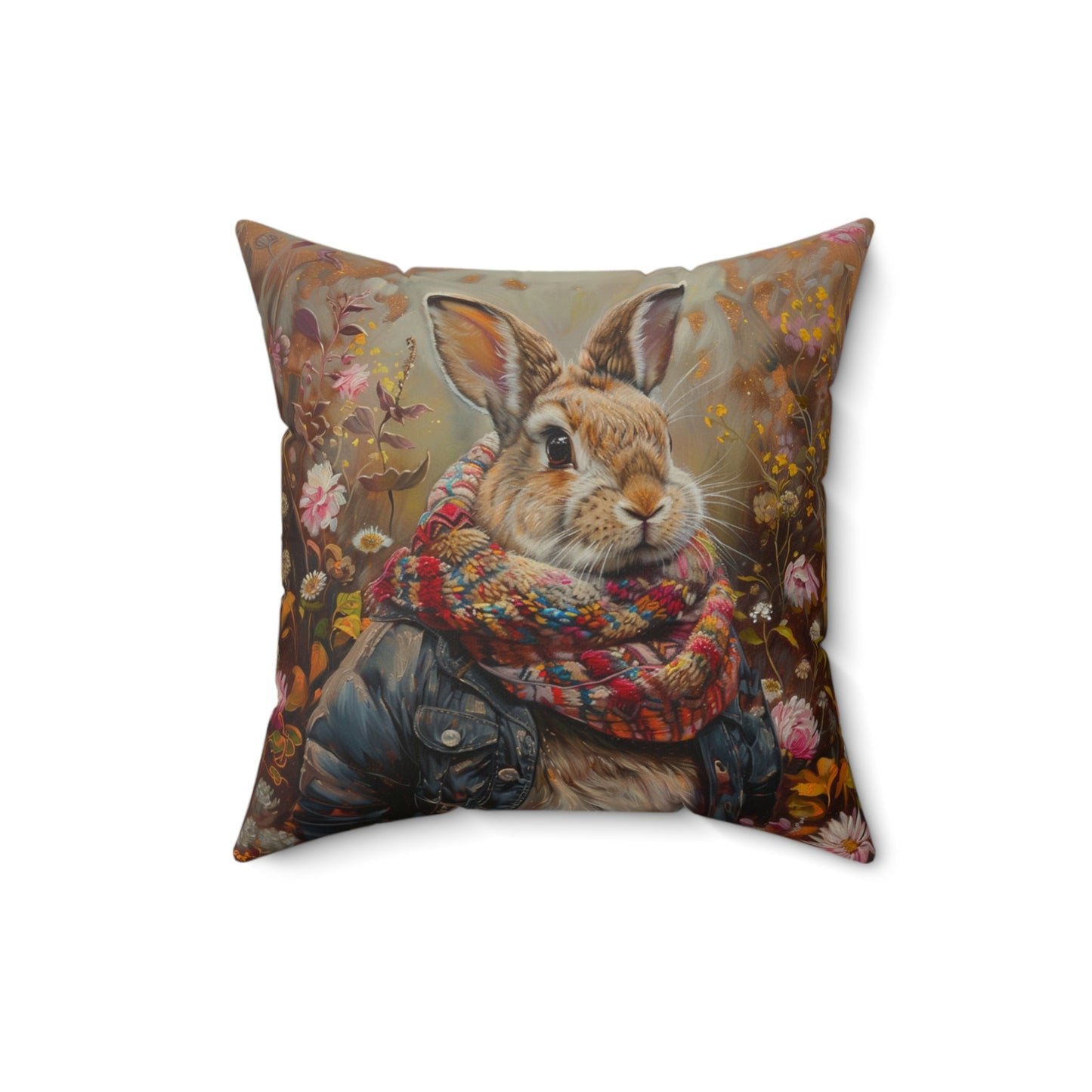 Cute Rabbit with Jacket & Scarf in Wildflowers Pillows - Whimsical, Magical - FlooredByArt