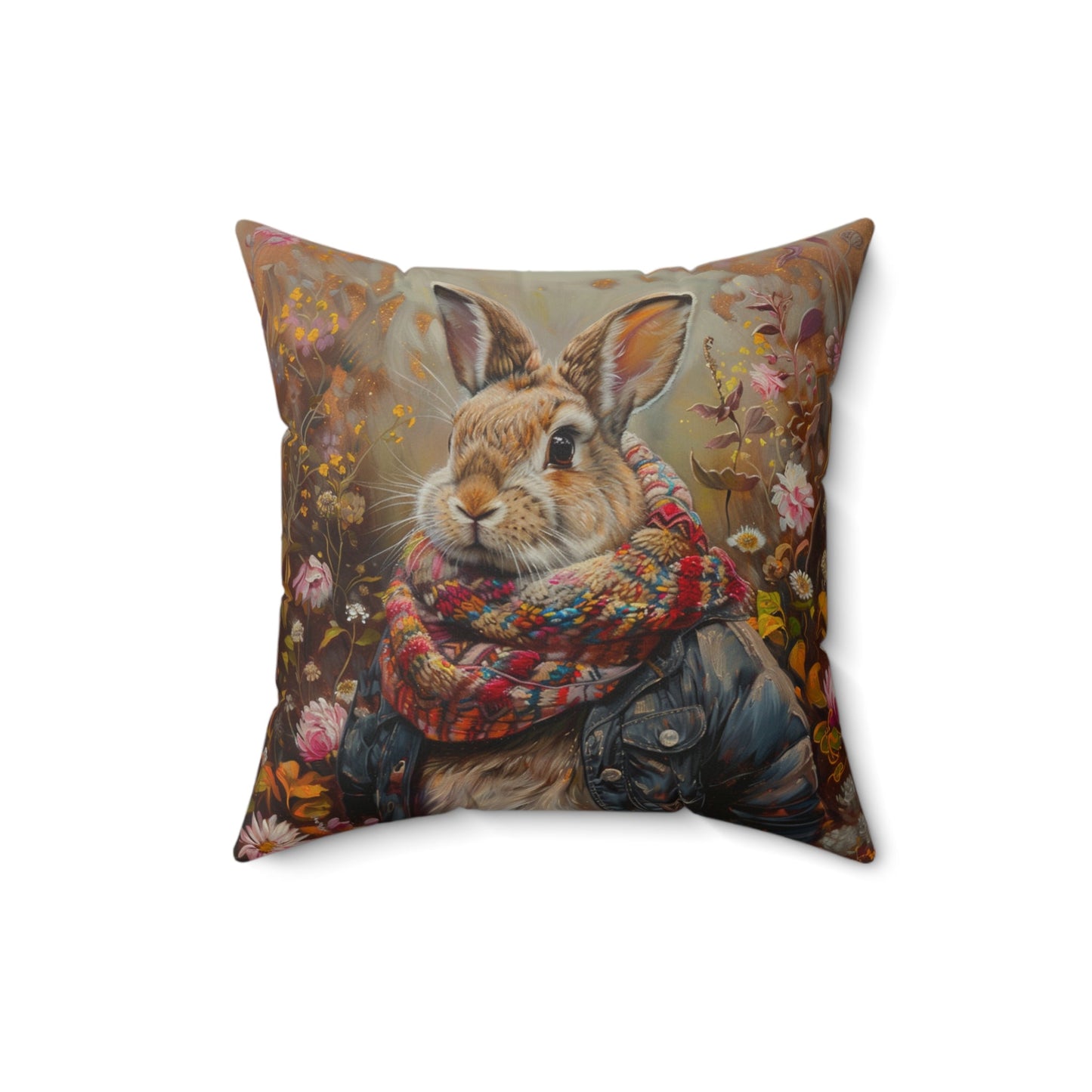 Cute Rabbit with Jacket & Scarf in Wildflowers Pillows - Whimsical, Magical - FlooredByArt