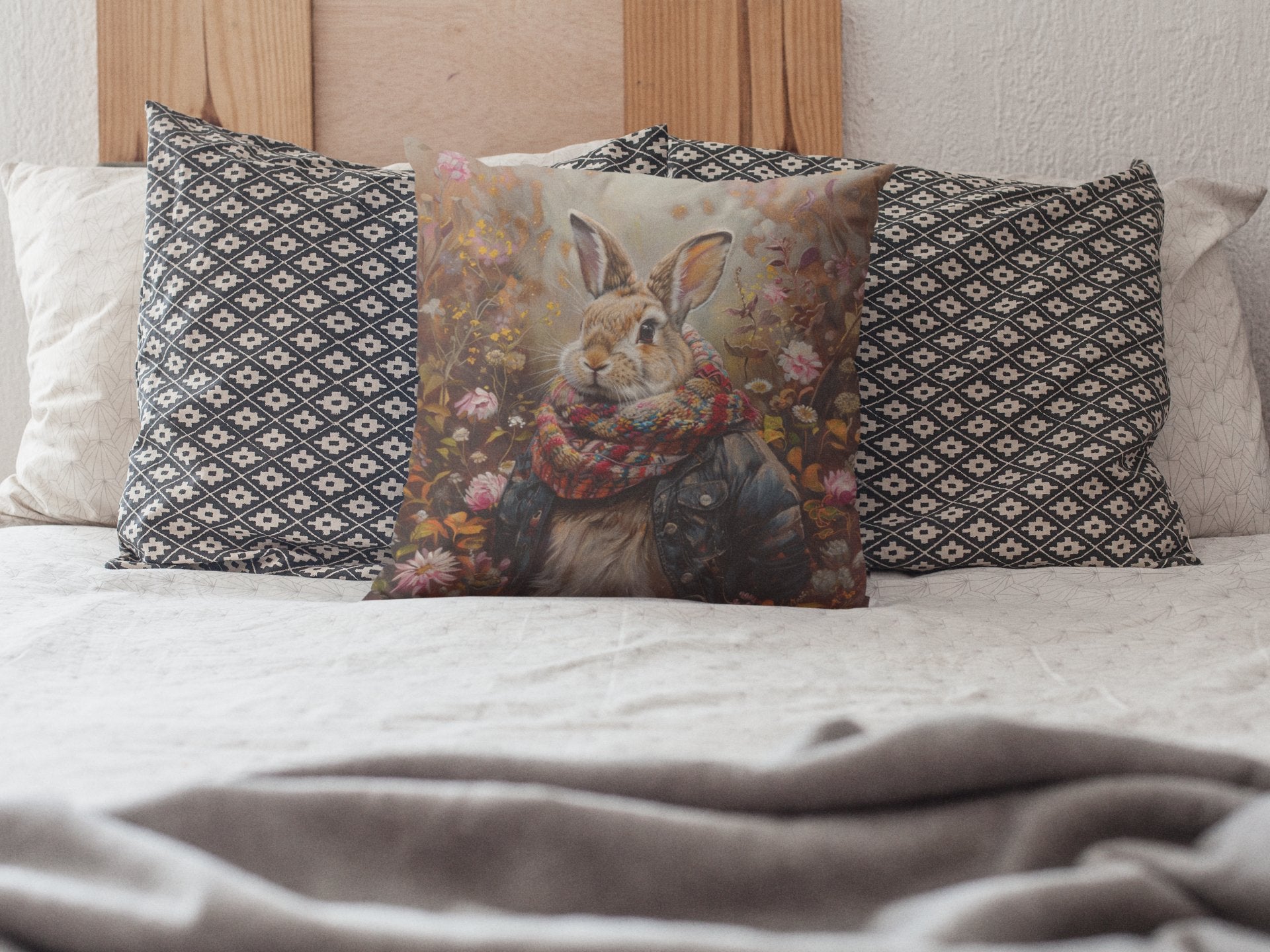Cute Storybook Rabbit with Jacket & Scarf in Wildflowers Pillows - Whimsical - FlooredByArt