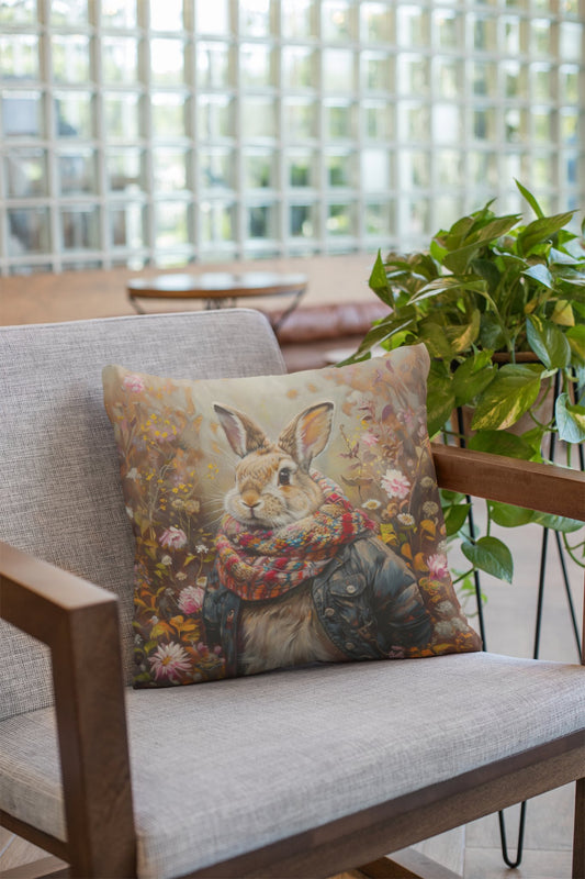 Cute Storybook Rabbit with Jacket & Scarf in Wildflowers Pillows - Whimsical - FlooredByArt