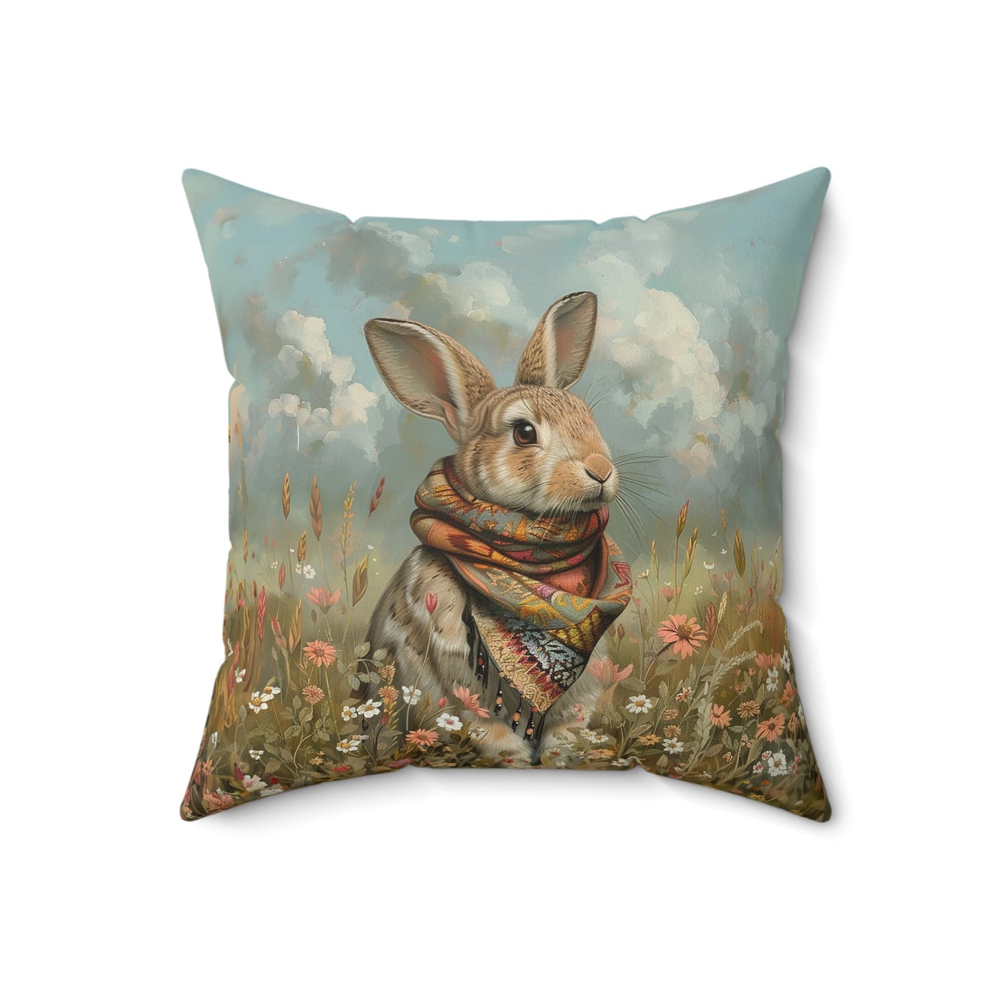 Cute Vintage Storybook Rabbit Pillow with Colorful Scarf in Wildflowers - FlooredByArt