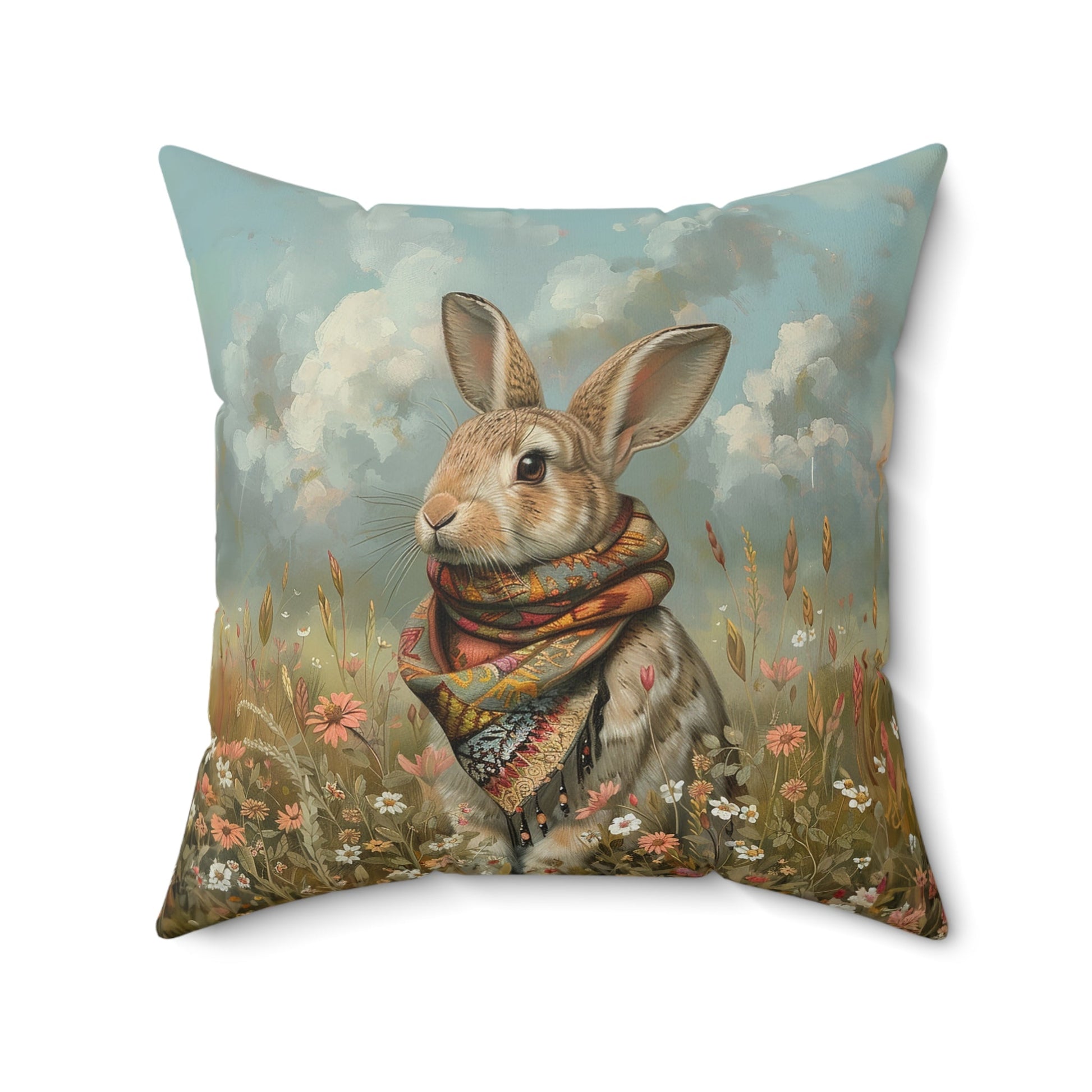 Cute Vintage Storybook Rabbit Pillow with Colorful Scarf in Wildflowers - FlooredByArt