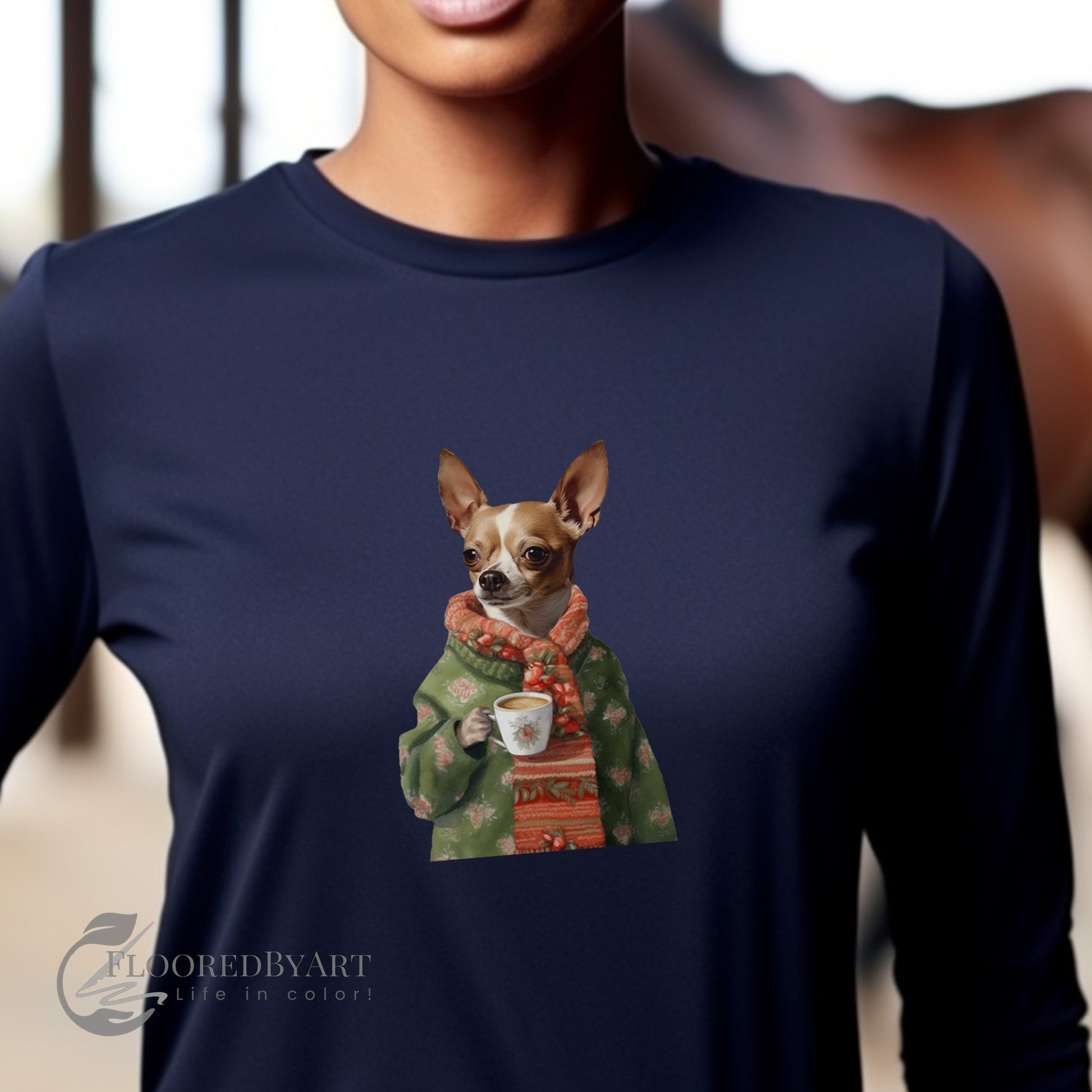 Cute Whimsical Chihauhau Long Sleeve T-shirt, Dogs in Sweaters Chihauhau - FlooredByArt