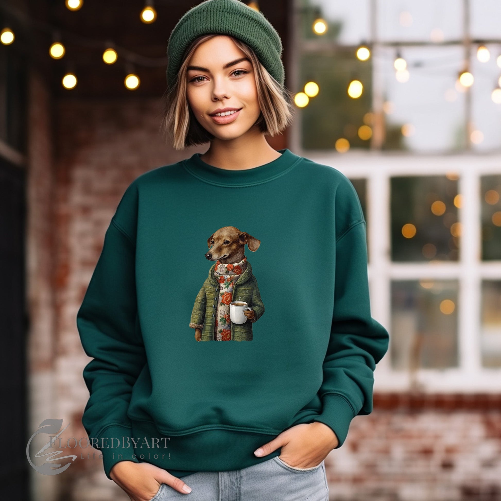 Dachshund Dog Sweatshirt, Dogs in Sweaters Art Collection, Unique Whimsical Boho Design - FlooredByArt