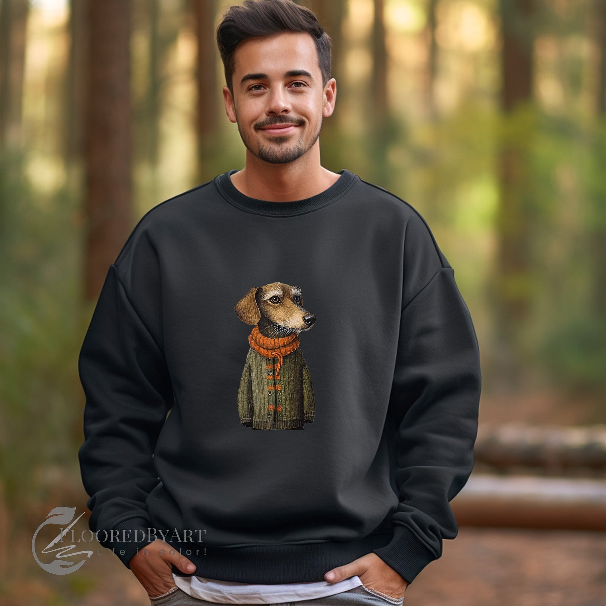 Dachshund Dog Sweatshirt, Whimsical Dogs in Sweaters Unique Boho Shirt - FlooredByArt