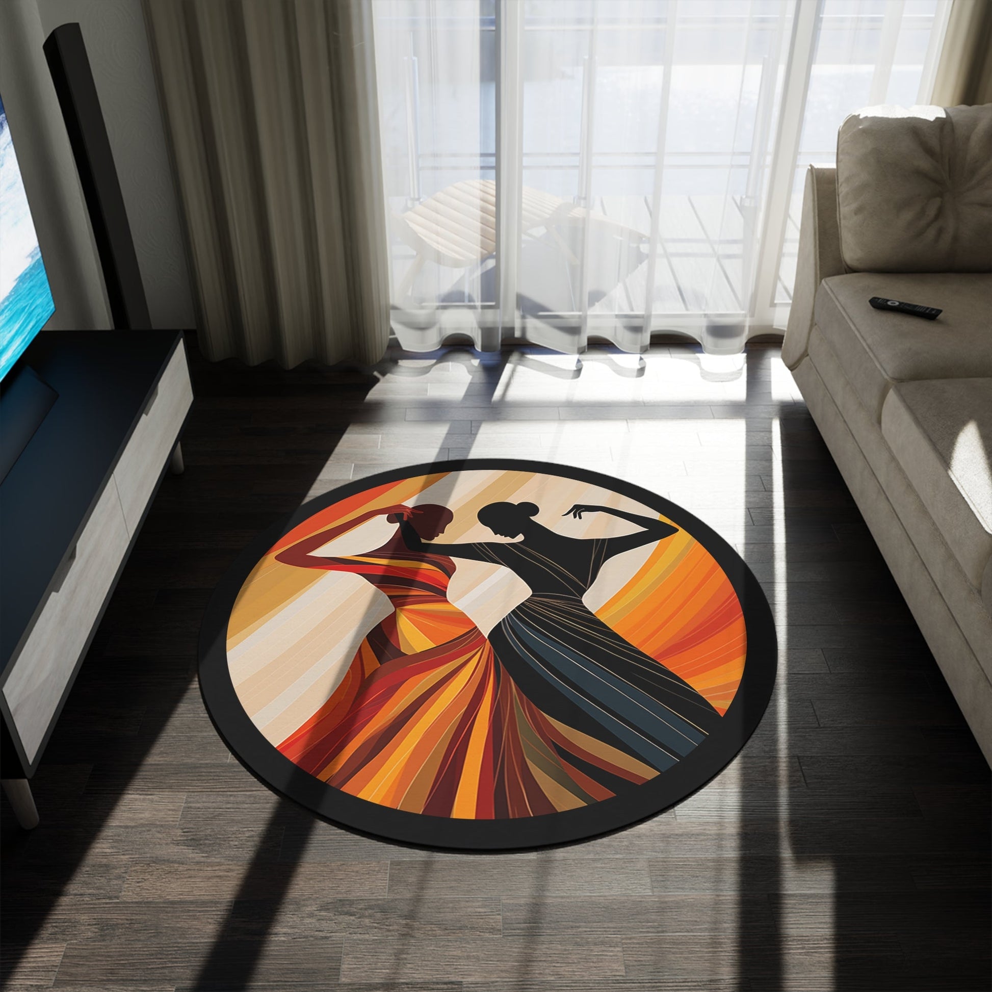 Dancer Decorative Round Rug, Mid Century Modern Style Contemporary Art Rug - Earth Tones - FlooredByArt