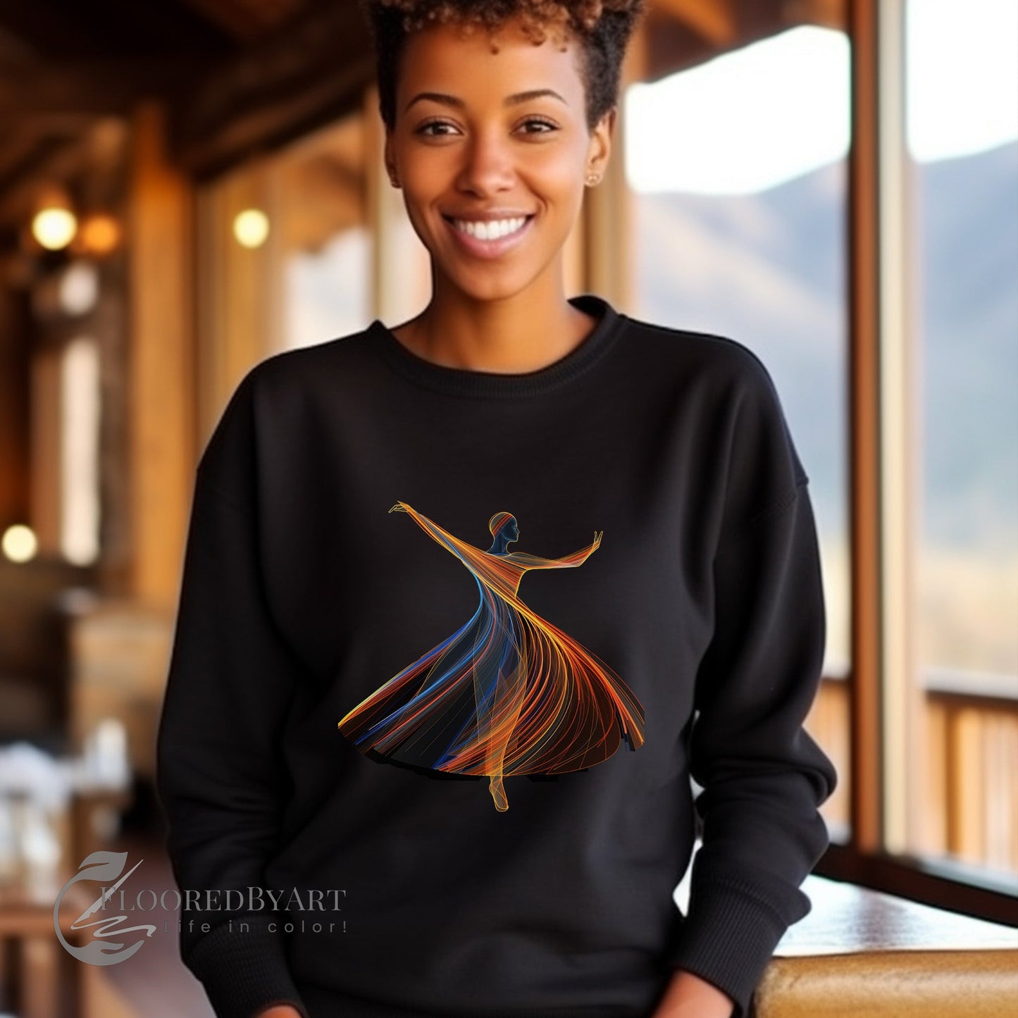 Dancer Sweatshirt - A Beautiful Dancer on Black Sweater, Brilliant Color - FlooredByArt