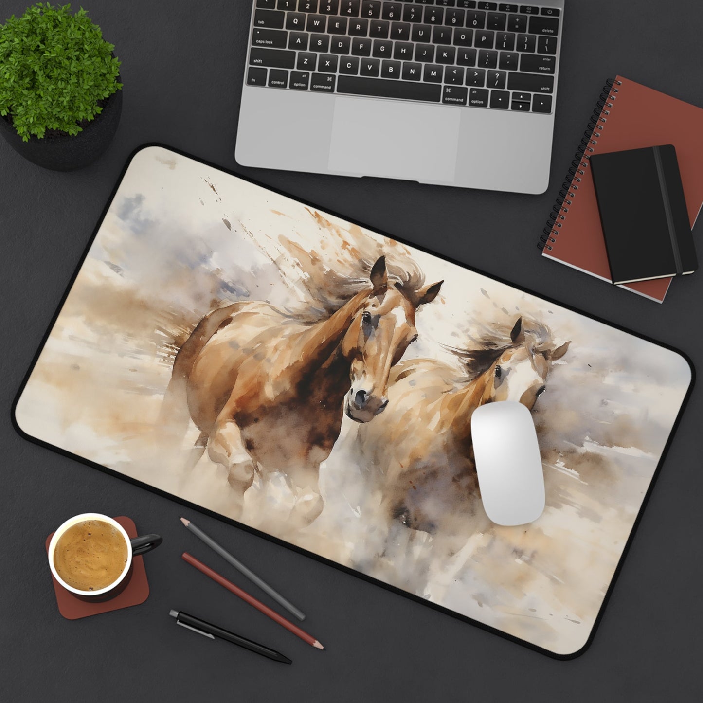 Desk Mat, Wild Horse in a Beautiful Watercolor XL Desk Mat - Galloping Mustang Horses MousePad, Horse Lover, Horse Person Gift,Trainer Gift - FlooredByArt