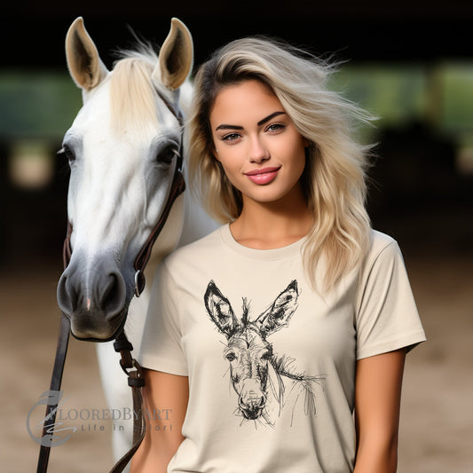 Donkey T-Shirt, Line Drawing on Unisex T-Shirt, Man or Woman Tees - FlooredByArt