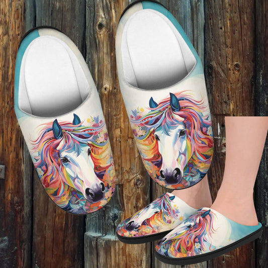 Dream White Horse and Garden Slippers, Horse is Painted Across a Comfy Pair of Slip-On Slipper Scuffs, Gift for Horse Lover Mom or Friend - FlooredByArt