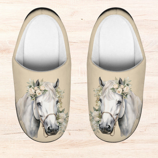 Dreamy White Horse and Roses Slippers, Comfy Pair of Slip-On Scuffs - FlooredByArt