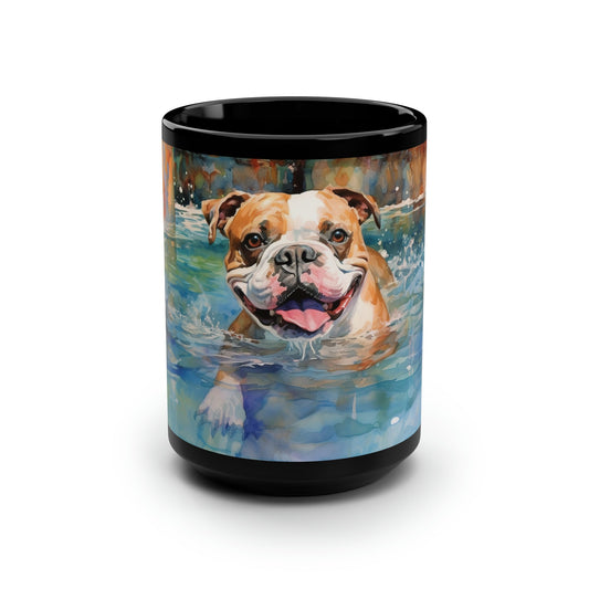 English Bulldog Mug Style 3, Personalized Unique Design, Bulldog Swimming - FlooredByArt