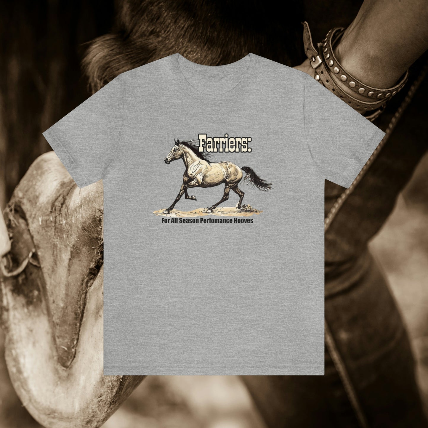 Farrier's Horse T-shirt ART, Funny Tire Pun, "Farriers - for all season performance hooves" Horse Shirt, Unique Professional Horse Gift - FlooredByArt