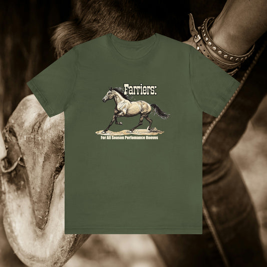 Farrier's Horse T-shirt ART, Funny Tire Pun, "Farriers - for all season performance hooves" Horse Shirt, Unique Professional Horse Gift - FlooredByArt