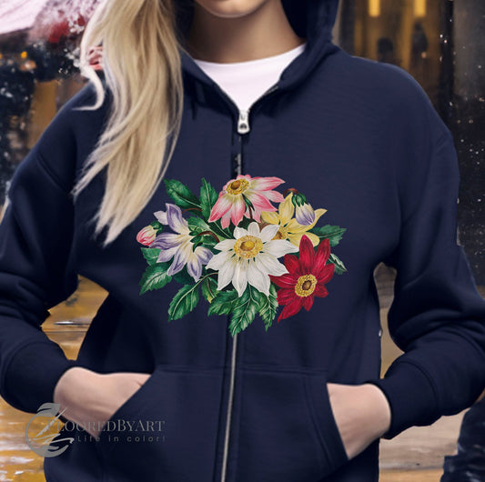 Flowers Full Zip-up Hoodie, Beautiful, Colorful Flower Hooded Sweatshirt, Museum Art Print - FlooredByArt