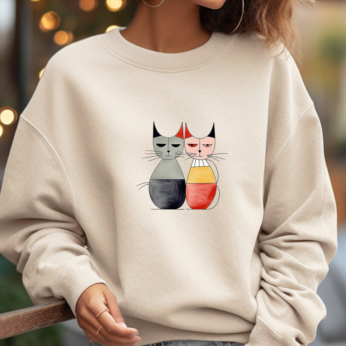 Funny Boho Cats Sweatshirt, Mid Century Modern Atomic Cat Styling Design - FlooredByArt