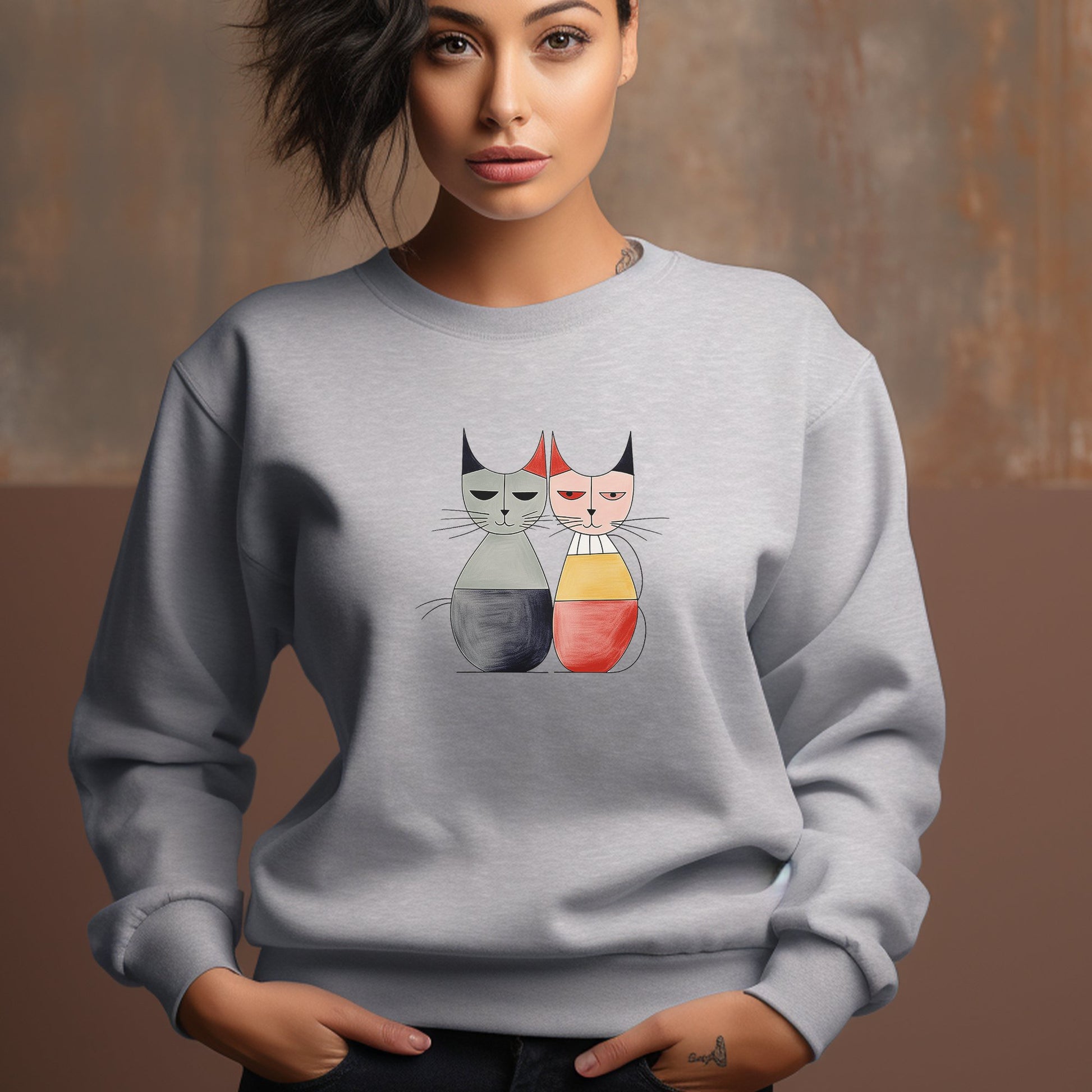 Funny Boho Cats Sweatshirt, Mid Century Modern Atomic Cat Styling Design - FlooredByArt