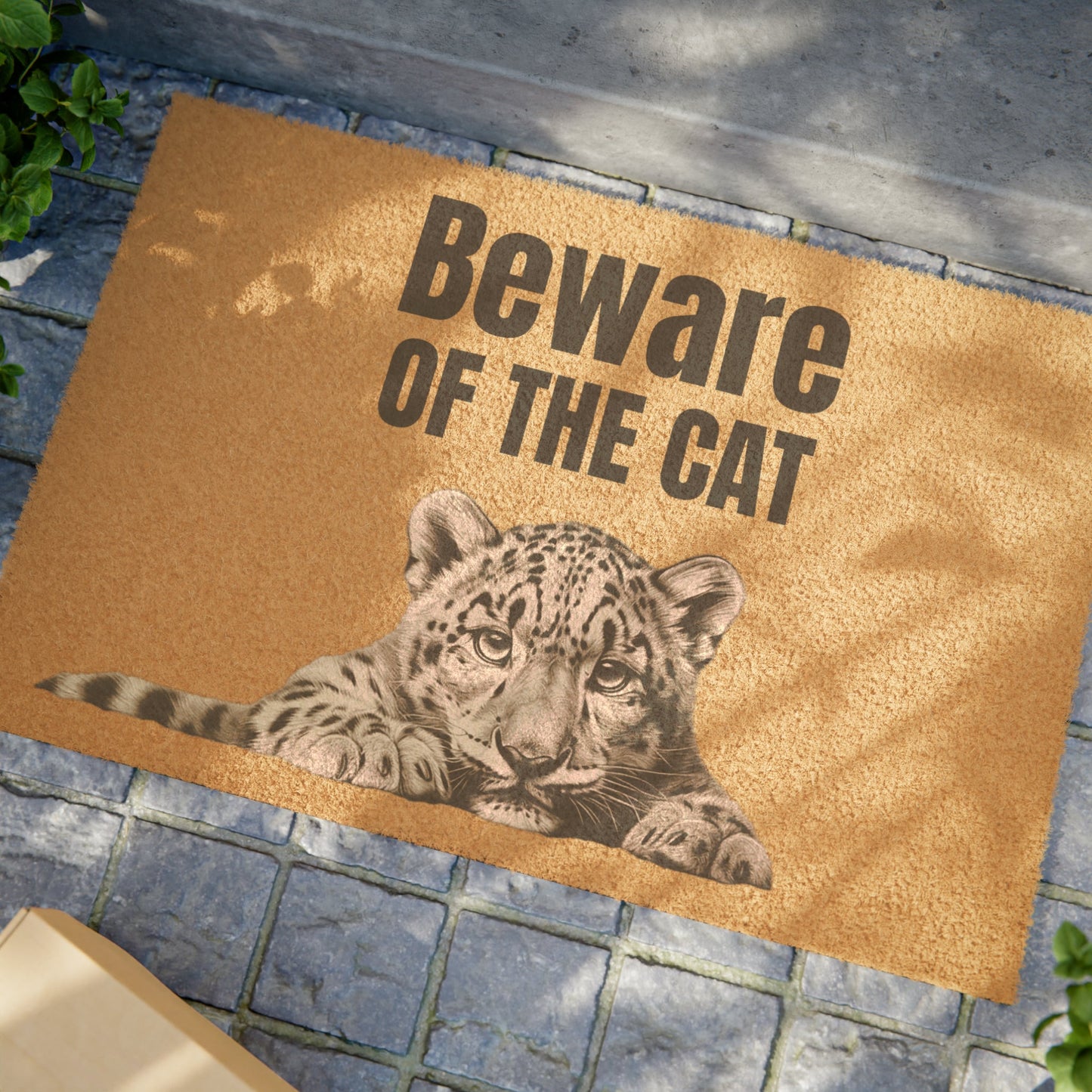 Funny Cat Welcome Doormat / Leopard, "Beware of the Cat" Whimsical Fun - FlooredByArt