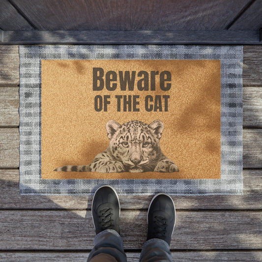 Funny Cat Welcome Doormat / Leopard, "Beware of the Cat" Whimsical Fun - FlooredByArt