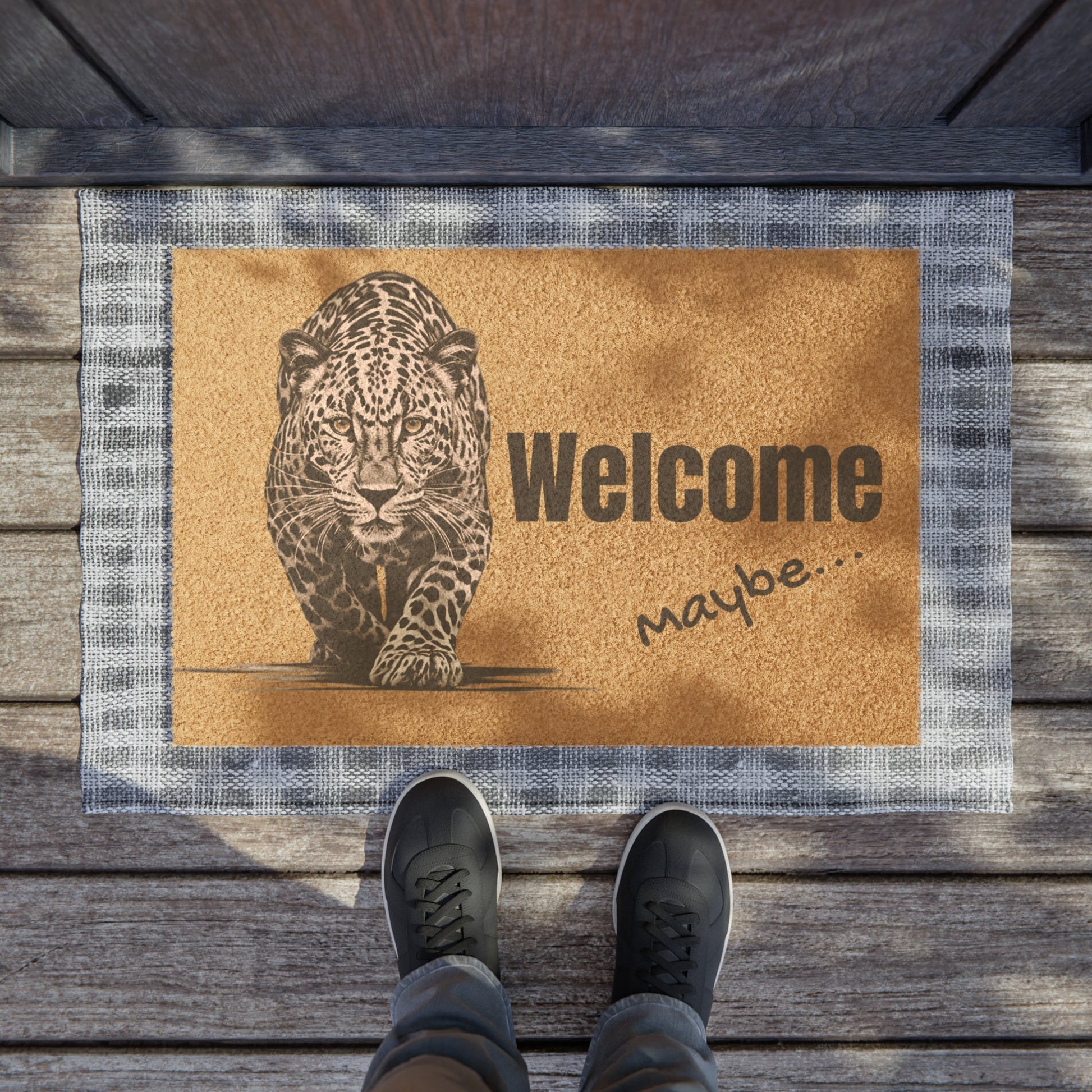Funny Cat Welcome Doormat Leopard, "WELCOME, Maybe..." Rug, Whimsical - FlooredByArt