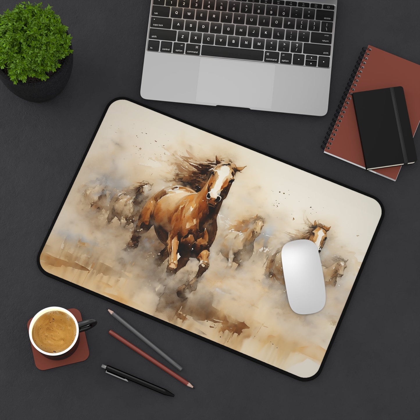 Galloping Wild Horses MousePad / Desk Mat, Wild Mustang Horse in a Beautiful Watercolor XL Desk Mat - Horse Love, Gift for Horse Person - FlooredByArt