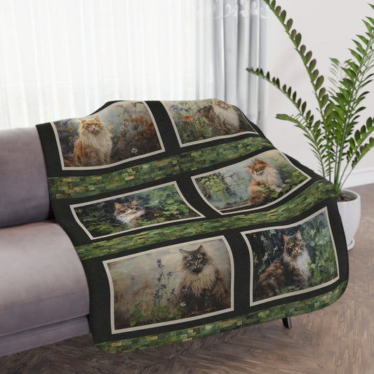 Garden Cat Art Blanket Throw, Cottage Garden Cats Gallery Coverlet - Garden Lover - FlooredByArt