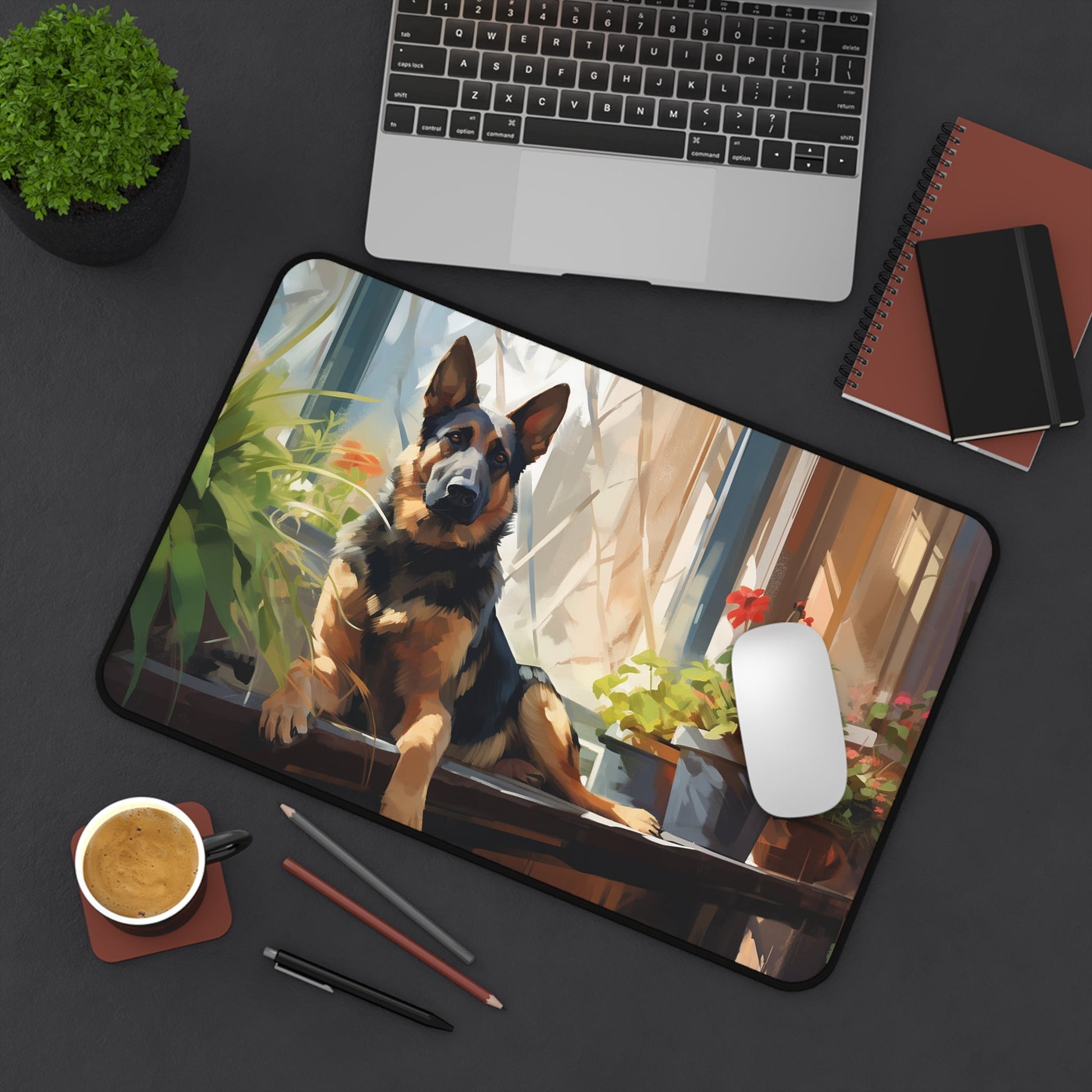 German Shepard Mouse Pad, Garden Ledge Watercolor, Large Desk mat - FlooredByArt