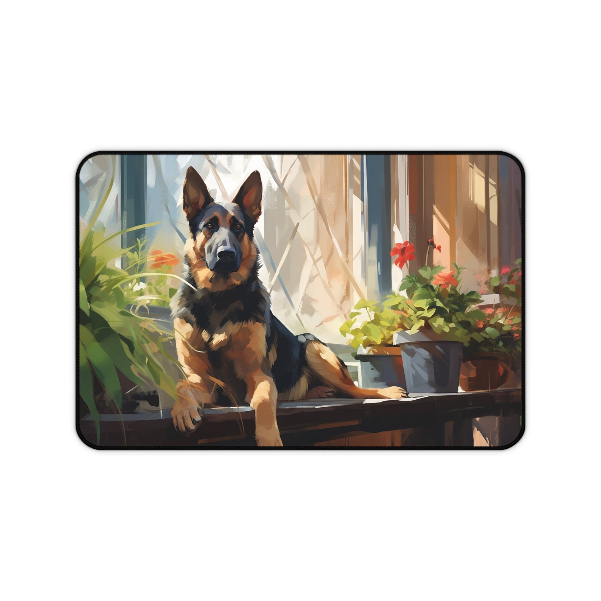 German Shepard Mouse Pad, Garden Ledge Watercolor, Large Desk mat - FlooredByArt