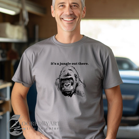 Gorilla T-shirt, Gorilla Drawing on a Tee, Wearable Gorilla Art, "Its a Jungle out there" - FlooredByArt