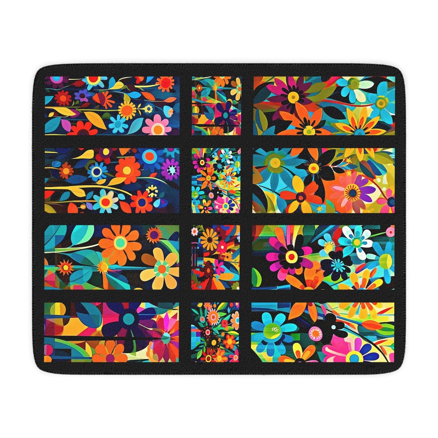Happy Garden Flowers Sherpa Blanket Throw, Vibrant Colors With Boho Flowers, Decor Focal Point - FlooredByArt