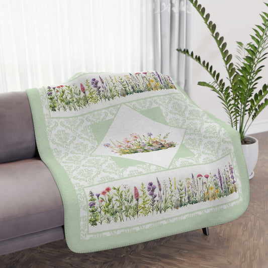 Herb Garden Throw Blanket with Cute Mouse, Damask Print Background - FlooredByArt