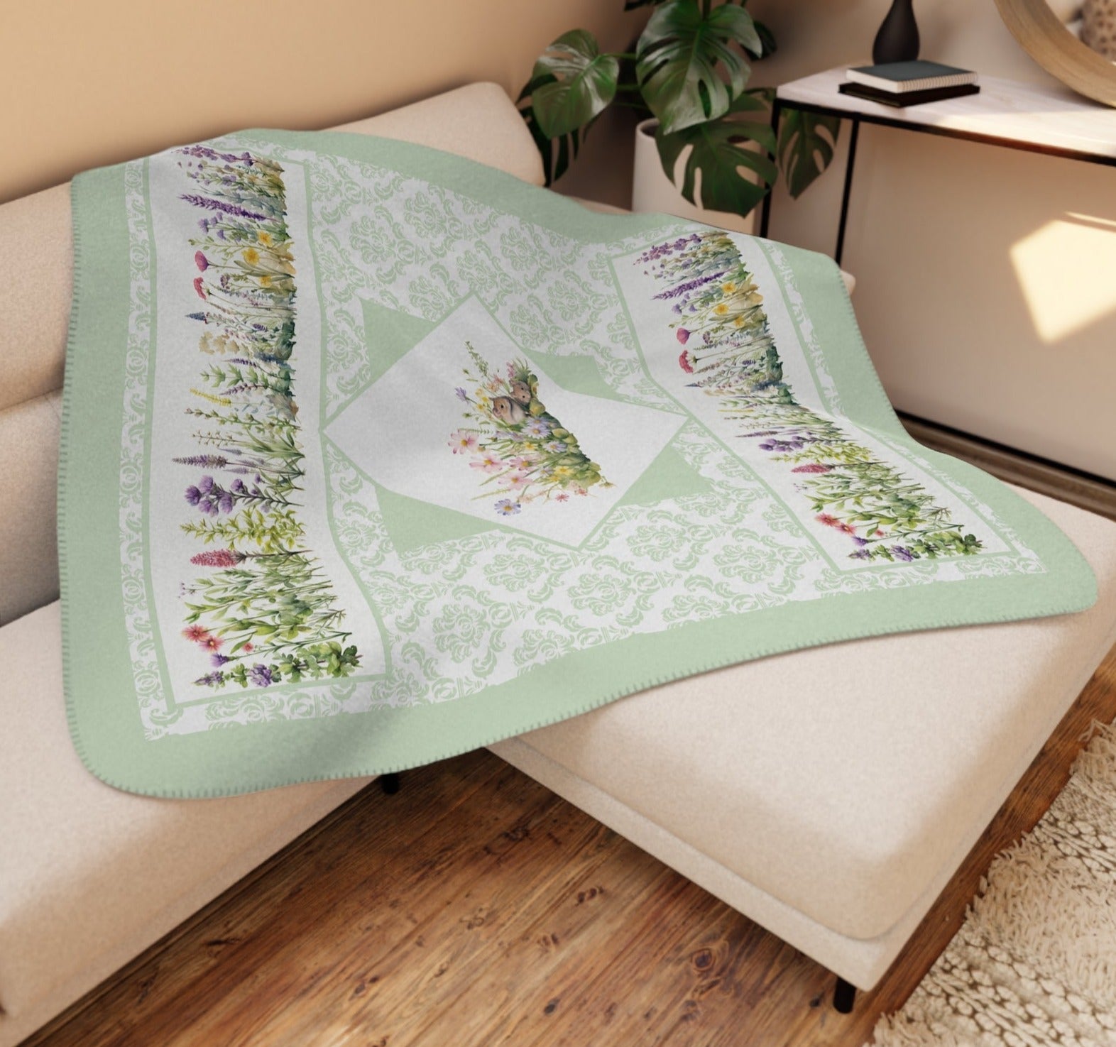 Herb Garden Throw Blanket with Cute Mouse, Damask Print Background - FlooredByArt