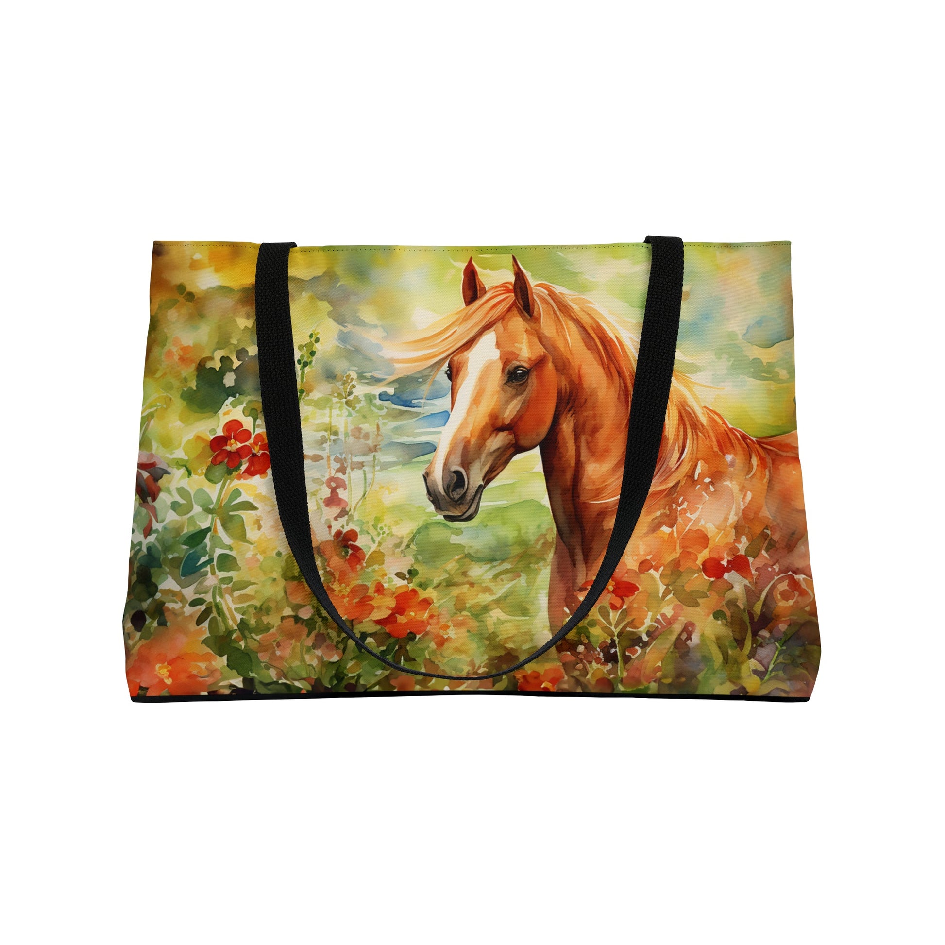 Horse and Garden Print on Extra Large Weekender Tote Bag, Watercolor Art Overnight Carry All Bag - FlooredByArt