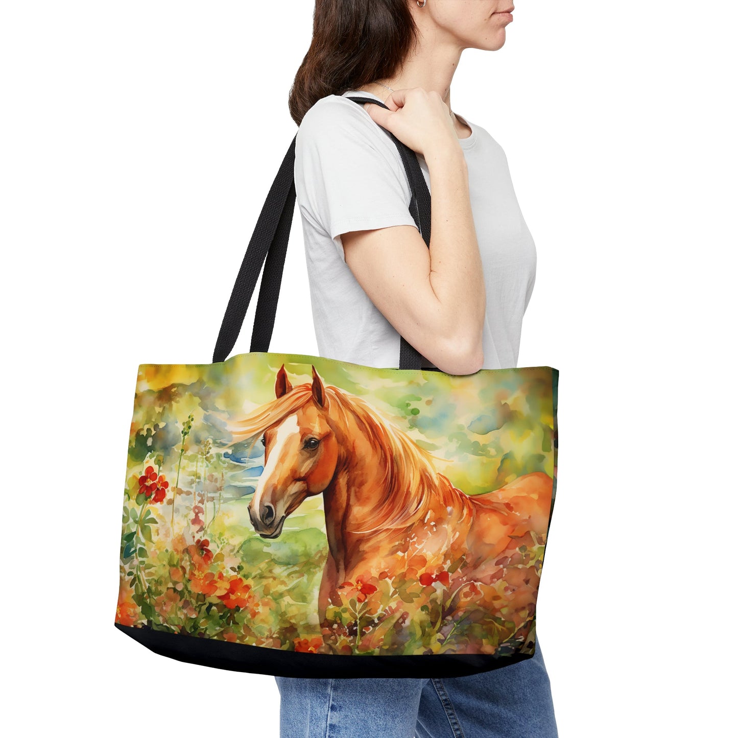 Horse and Garden Print on Extra Large Weekender Tote Bag, Watercolor Art Overnight Carry All Bag - FlooredByArt