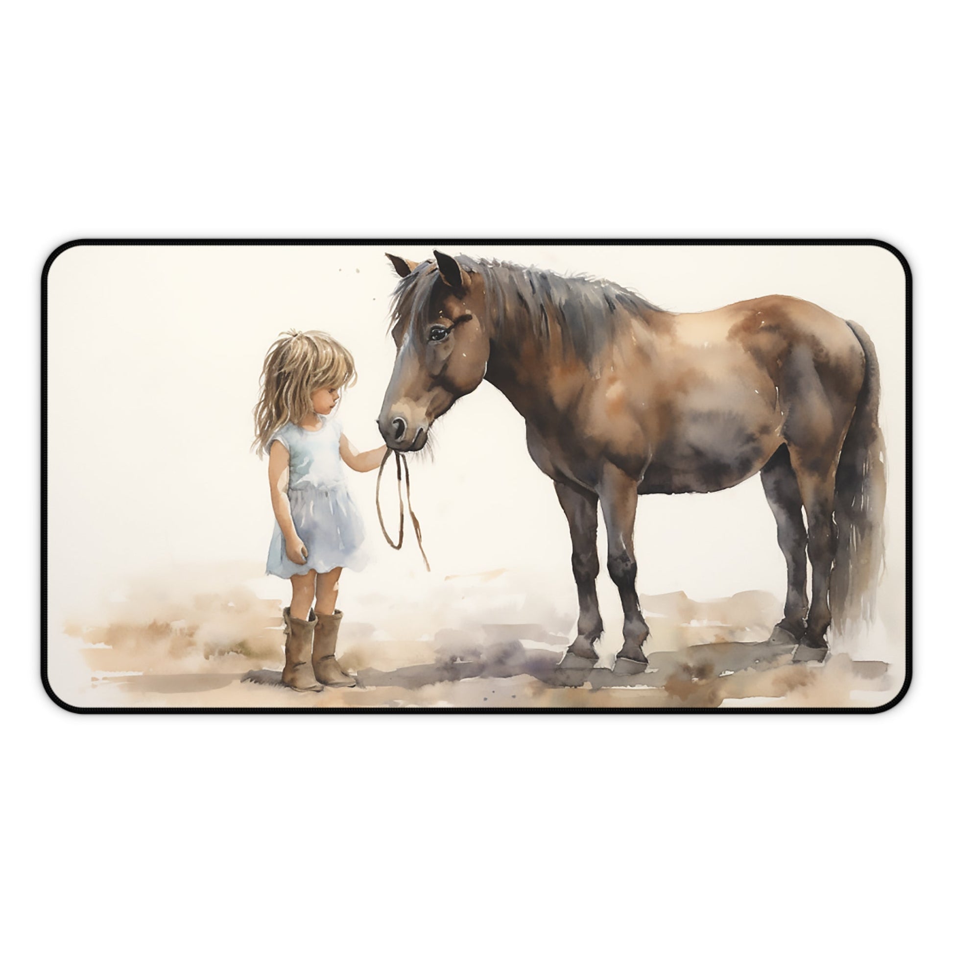 Horse Mouse Pad/ Desk Mat - Little Girls and Ponies, Horse Lover Girls, Horse Art Illustration, Trendy Desk Mat Horse Lover Office Decor - FlooredByArt