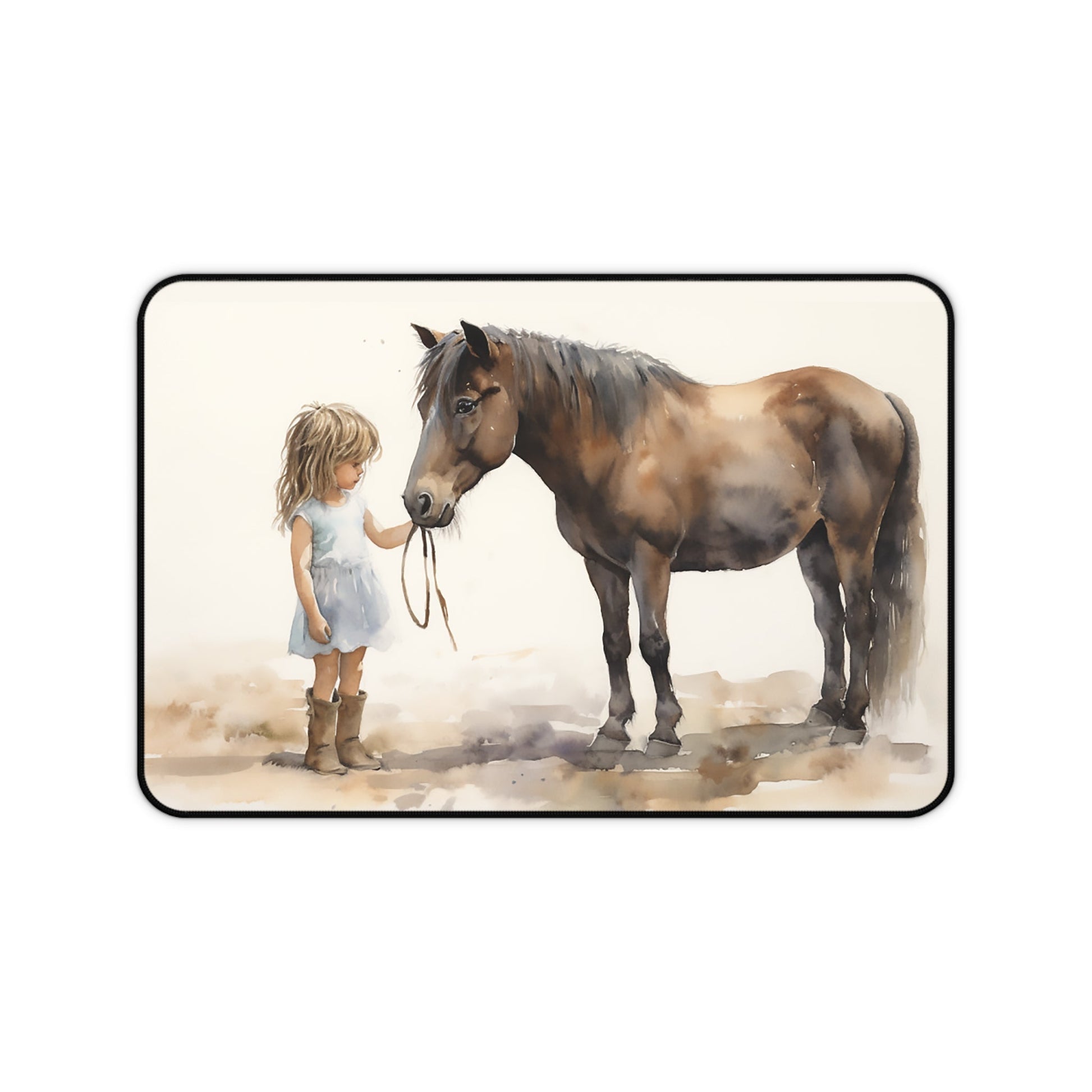 Horse Mouse Pad/ Desk Mat - Little Girls and Ponies, Horse Lover Girls, Horse Art Illustration, Trendy Desk Mat Horse Lover Office Decor - FlooredByArt