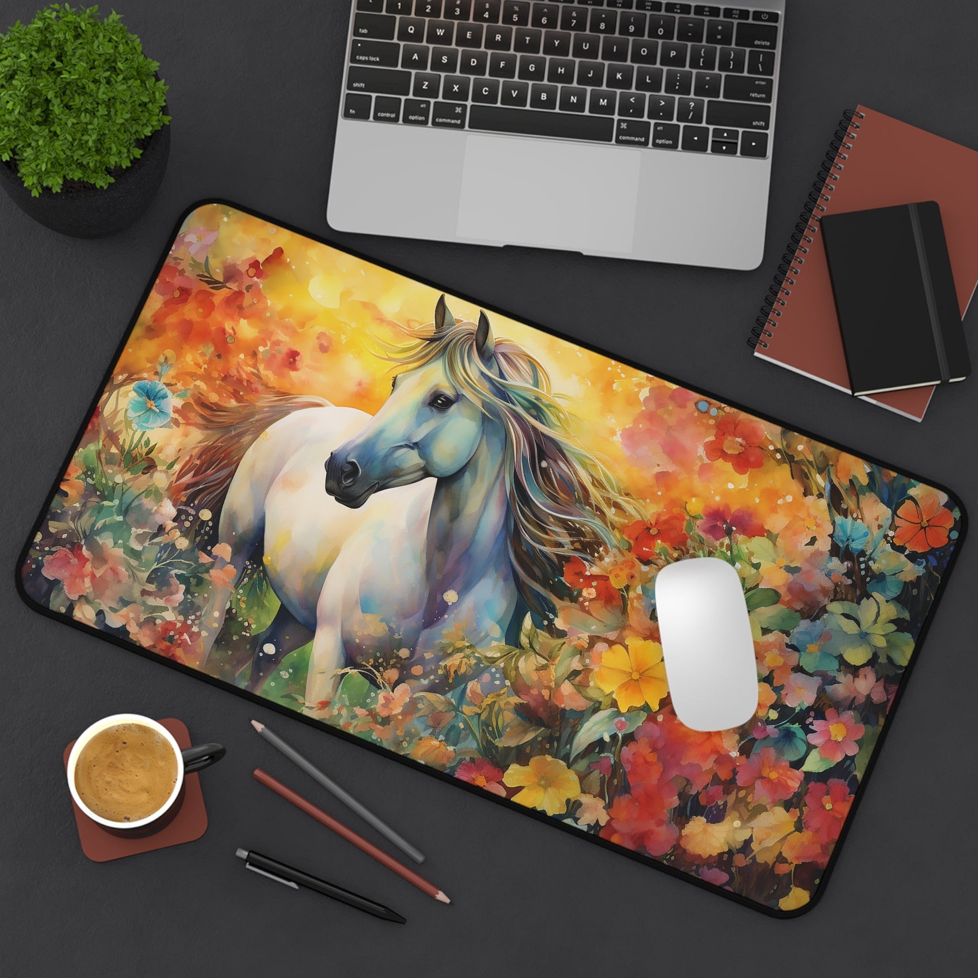 Horse Mouse Pad, Little Girl Dream Horse in a Beautiful Garden XL Desk Mat - Girls and Ponies, Horse Lover Girls, Horse Art Gift for Her - FlooredByArt