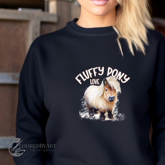 Horse Sweatshirt, Fluffy Pony Love, Loveable Cute Pony Shirts, BEST Cozy Comfy Sweatshirt - FlooredByArt